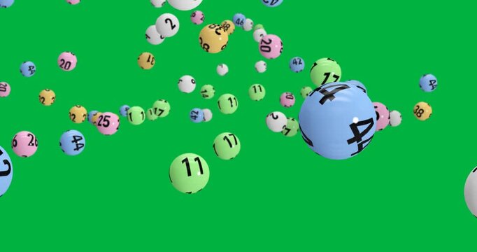 Digital animation of colorful bingo balls floating against transparent background