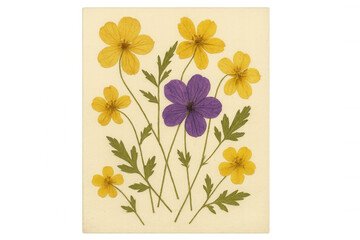 Pressed yellow and purple wildflowers, creating a vintage botanical herbarium collection on an aged paper sheet