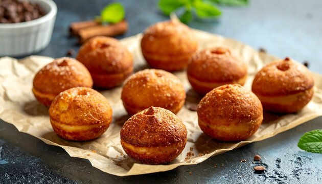 Delicious homemade mini donuts on brown paper