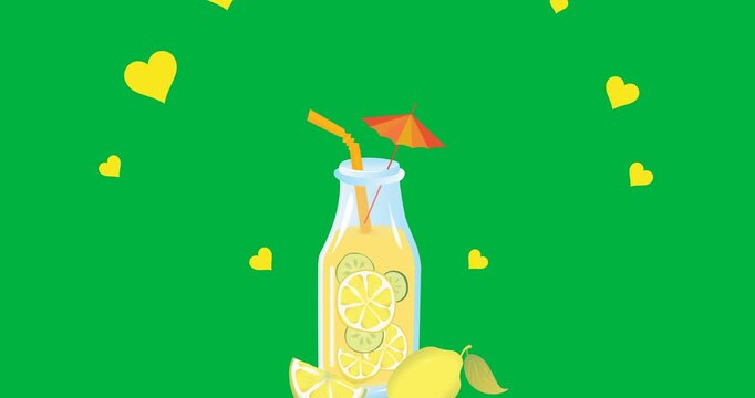 Yellow heart icons floating over lemonade glass bottle and lemon icon against transparent background