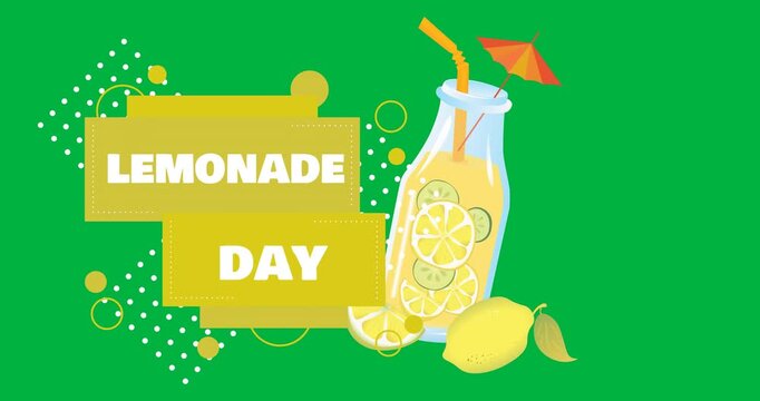 Lemonade day text banner with lemonade glass bottle and lemon icon against transparent background