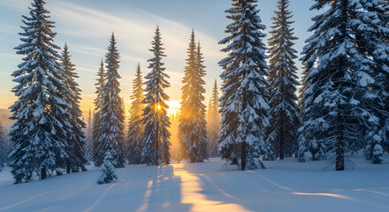 Winter Wonderland: A majestic winter scene unfolds with snow-laden evergreen trees. The image capturing the calm and serenity of nature.