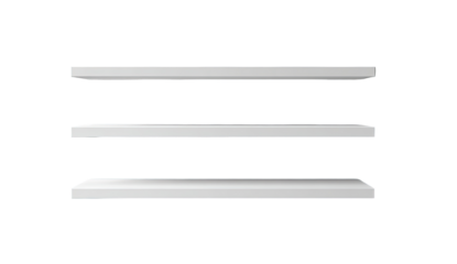 Three horizontal, light gray, rectangular shelves