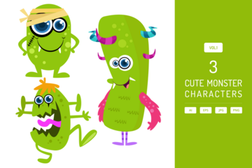 Collection of Three Green Pixel Art Monster Characters with Transparent Background