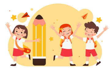 Cheerful Children Students with Backpacks Running Next to Large Pencil on Transparent Background Representing Education and Back To School