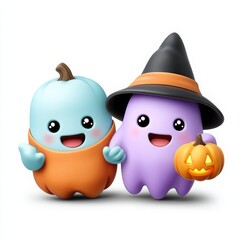 Obraz premium Cute Cartoon Ghosts in Halloween Costumes with Pumpkin Basket