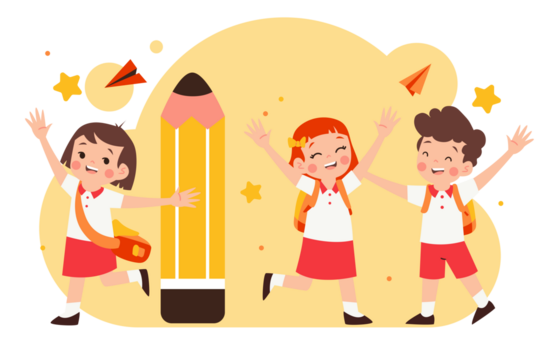 Cheerful Children Students with Backpacks Running Next to Large Pencil on Transparent Background Representing Education and Back To School