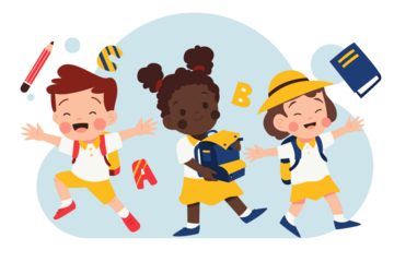 Cheerful Students with Backpacks on Transparent Background in Yellow and Blue Smiling and Jumping With Joyful Expressions Ready for School
