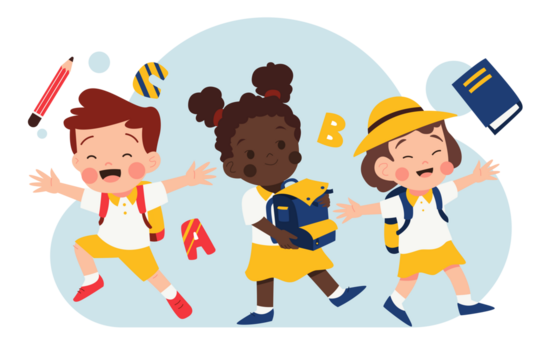 Cheerful Students with Backpacks on Transparent Background in Yellow and Blue Smiling and Jumping With Joyful Expressions Ready for School