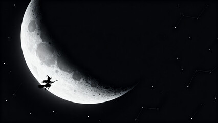 Mystical Crescent Moon Witch Silhouette Halloween Celestial Minimalist Background Aesthetic