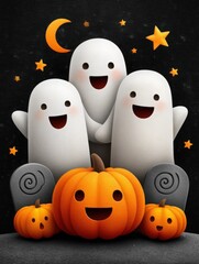 Obraz premium Playful Ghosts with Pumpkin in Halloween Night Celebration Design