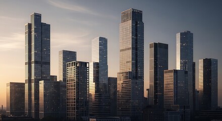 Obraz premium Modern Cityscape at Dusk with Towering Skyscrapers.