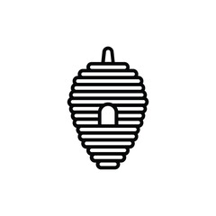 A black line drawing of a beehive with horizontal stripes The beehive has an opening and a loop at the top. line icon editable stroke.