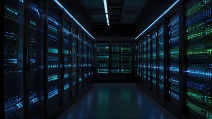 Long corridor inside large modern data center facility with rows of illuminated computer server racks in blue and green light. Technology concept