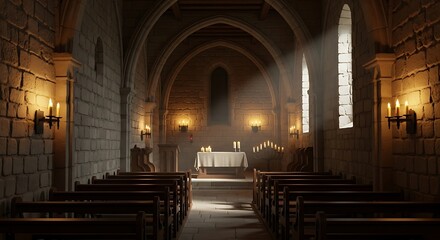 Obraz premium Interior of a Medieval Church with Sunlight.