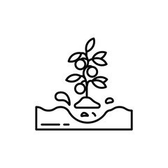 A black outline icon of a plant with fruit in dirt. line icon editable stroke.