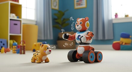 Obraz premium Robotic Bear and Leopard Toy Blowing Bubbles in Playroom.