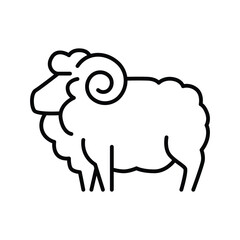 A black outline illustration depicts a ram with curled horns The ram is stylized with a rounded body and legs. line icon editable stroke.