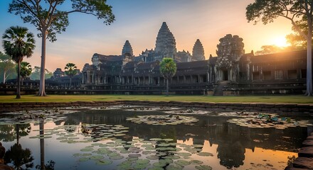 Obraz premium Sunrise Reflects on Lotus Pond in Front of Ancient Angkor Wat Temple Complex, Cambodia