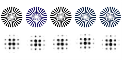 Circle halftone set. Abstract doted circles element. Round halftones geometric dots gradient and pop art texture. Isolated on transparent background.
