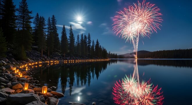 Serene Lake at Night with Moonlit Fireworks Reflecting in Calm Water and Lanterns