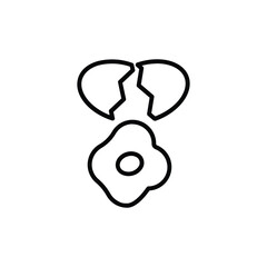 A simple black outline drawing of a fried egg with cracked eggshells above it. line icon editable stroke.