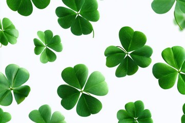 A vibrant pattern of green shamrocks or clovers scattered across a clean, bright .