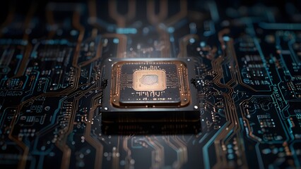 Detailed close-up view of central processor unit microchip glowing brightly on complex dark electronic circuit board. Technology concept