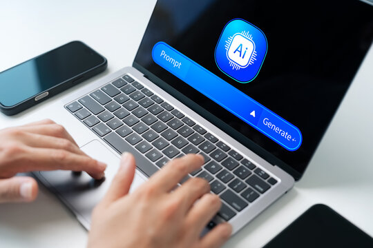 Content creation with AI assistants and agents, users typing prompts on laptops with AI interfaces, working with artificial intelligence in business and education, automation digital transformation.
