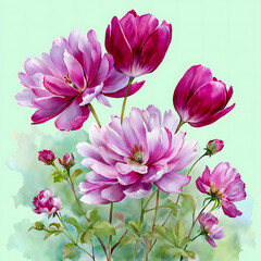 Fototapeta premium Vibrant pink and purple flowers in watercolor digital painting on mint background