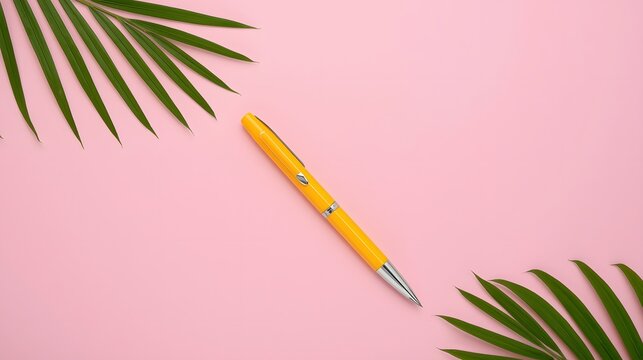 Yellow pen centered on soft pink background with tropical green palm leaves in flat lay minimal composition ideal for workspace creative design themes