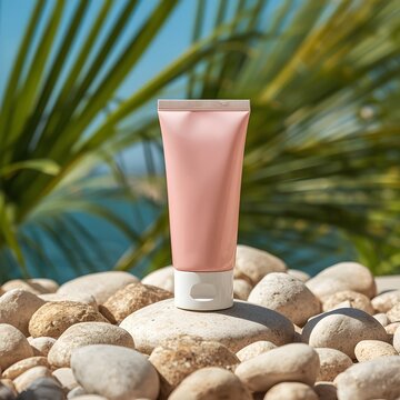 Bright outdoor beauty scene featuring a pink cosmetic tube standing among sunlit smooth stones with tropical palm leaves in the background, creating a fresh summer aesthetic ideal for skincare and bea