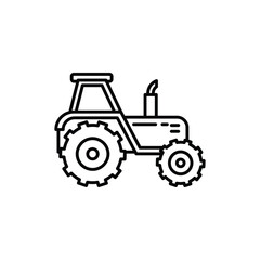 Blackandwhite line drawing of a tractor It has large rear wheels and a small front wheel a cabin and a smoke stack. line icon editable stroke.
