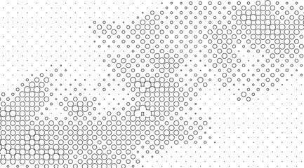 Black and white halftone background features a gradient of circles and dots increasing in size and density across the image, creating a dynamic and eye-catching effect