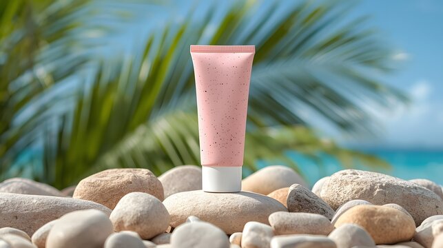 Bright outdoor beauty scene featuring a pink cosmetic tube standing among sunlit smooth stones with tropical palm leaves in the background, creating a fresh summer aesthetic ideal for skincare and bea