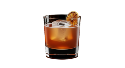 Close-up image of a refreshing cocktail with a large ice cube and a citrus garnish against a black background.