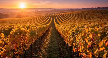 Golden Vineyard Rows at Sunrise with Autumn Foliage and Dramatic Sunbeams