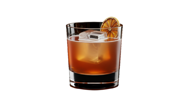 Close-up image of a refreshing cocktail with a large ice cube and a citrus garnish against a black background. - Powered by Adobe