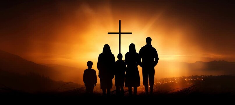 Religious Christian family pray at the hill and Christ cross silhouette. Generative video AI technology.	
