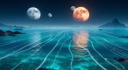 Surreal alien planet seascape with multiple moons and glowing water reflections