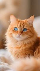 An adorable portrait of a young red cat with striking green eyes and long whiskers, looking straight ahead, Cute cat wallpaper