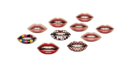 Collection of expressive lips with diverse cosmetic designs and patterns on white background