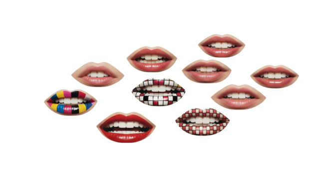 Collection of expressive lips with diverse cosmetic designs and patterns on white background