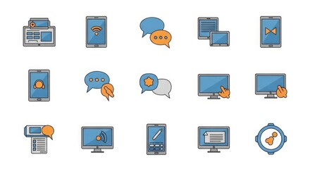 Communication technology devices icons set computer tablet smartphone smartwatch chat wifi web design