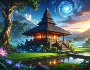 Obraz premium Mystical Javanese Joglo House in Rice Paddies