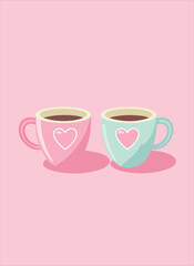 Romantic Coffee Cups with Heart Designs on Pink Background