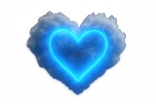 Cloud in heart shape enclosing a bright neon blue light, symbolizing love and dreamy romance. Transparent background