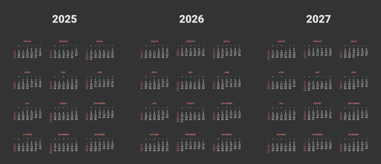 Set of annual Calendar Templates 2026, 2027, 2028. Vector layout of wall or desk vertical simple calendar with week start on Sunday in dark black color. Weekends highlighted in red. Page A4