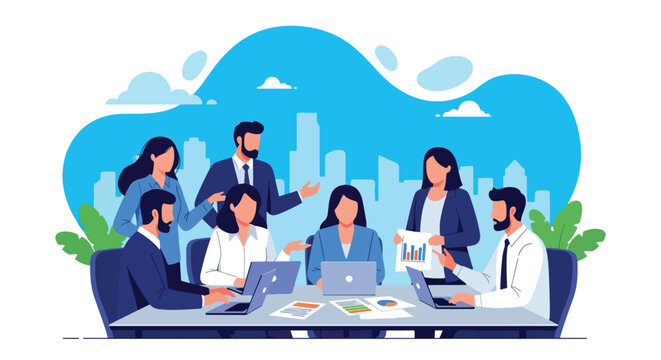 Adobe illustrator artwork vector illustration of a business meeting with a diverse team collaborating around a table with laptops and charts