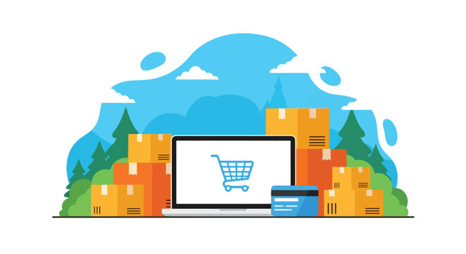 Adobe illustrator artwork vector illustration of online shopping and e-commerce, featuring a laptop, shopping cart, packages, and credit card